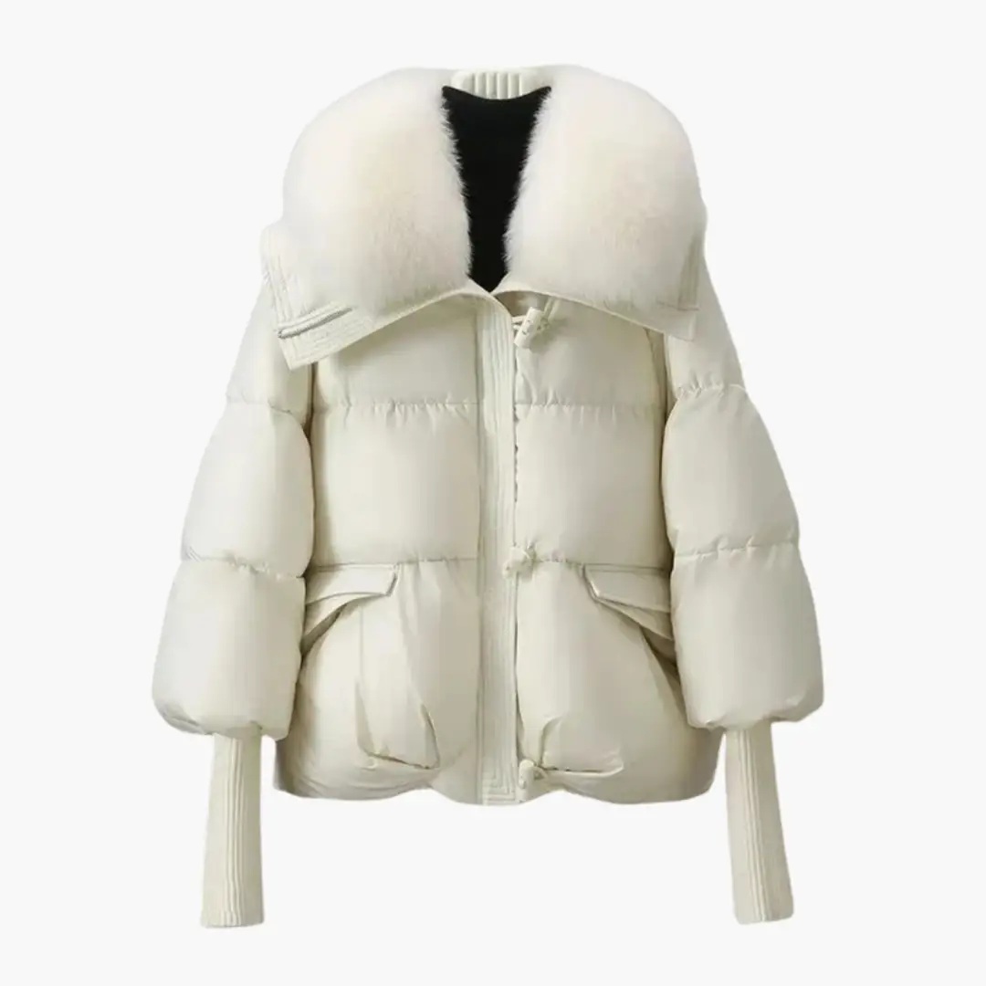Women's Puffer Jacket with faux fur collar and ribbed cuffs in ivory.