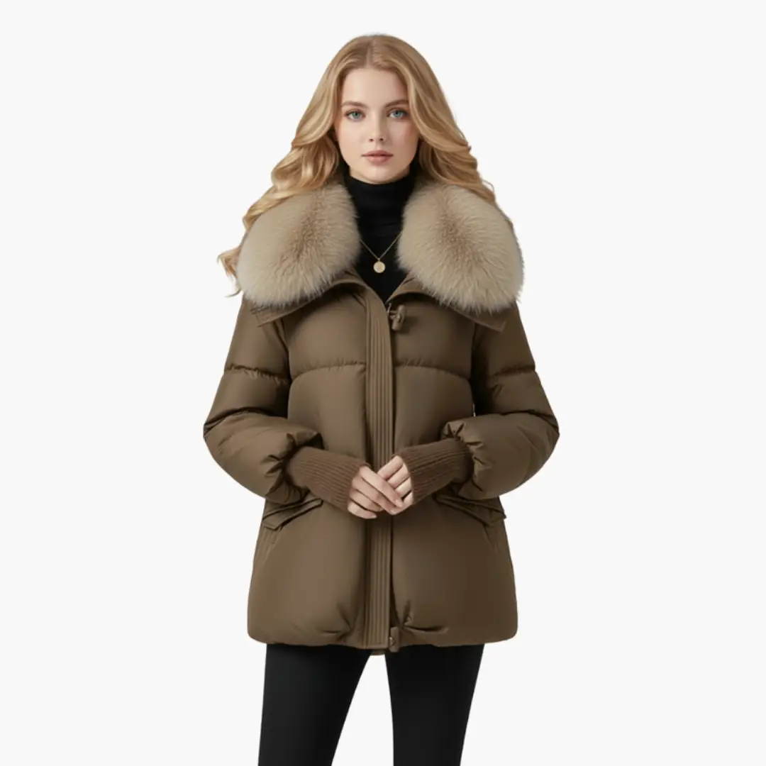 Women’s Puffer Jacket in brown with beige faux fur collar and ribbed cuffs