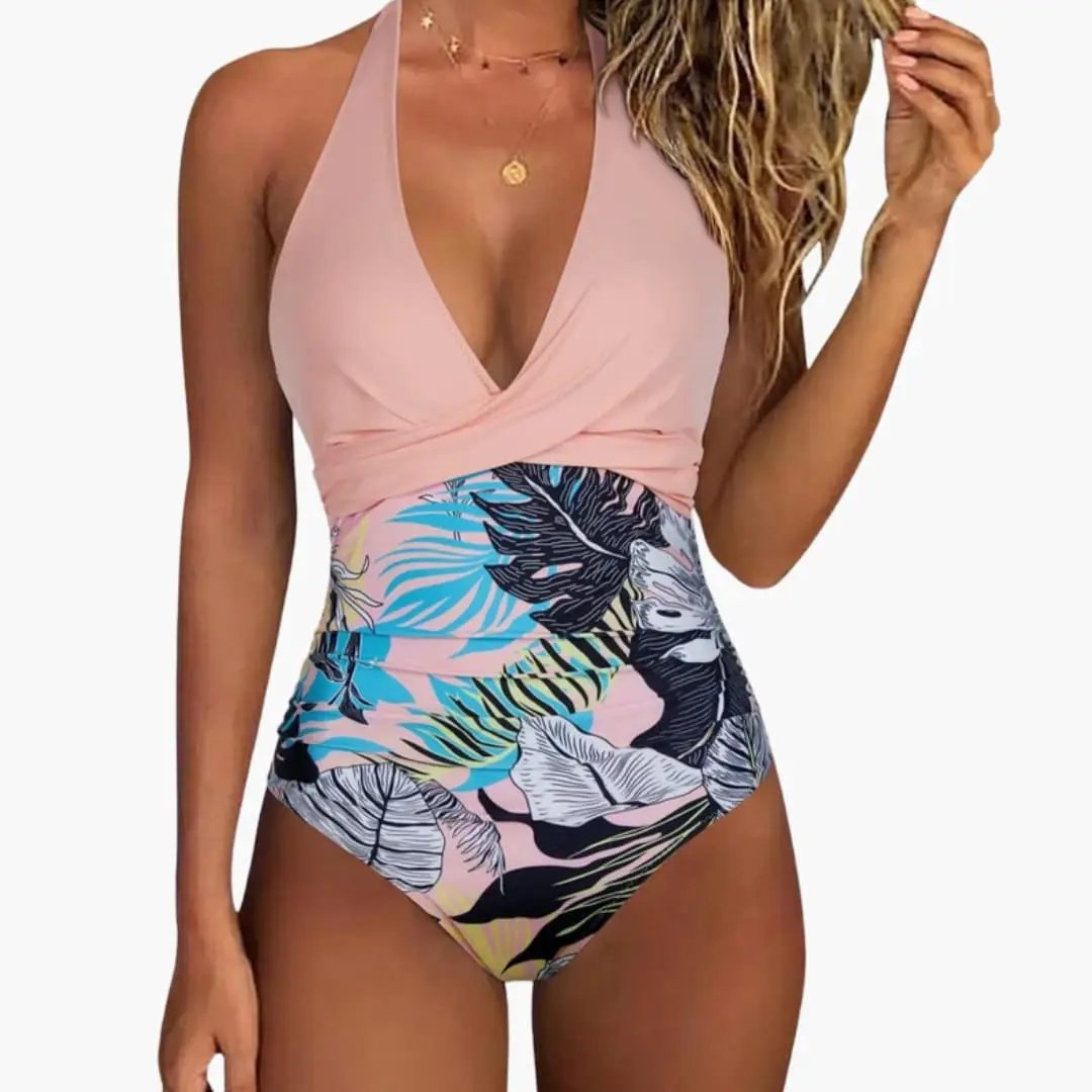 Women's Push-Up One-Piece Swimsuit, pink halter top with tropical floral print and high-waisted bottom, adjustable straps