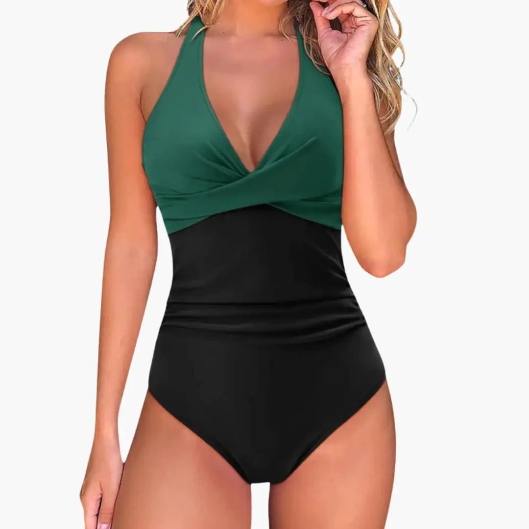 Women’s Push-Up One-Piece Swimsuit by Wilfred Smith in green and black with adjustable straps
