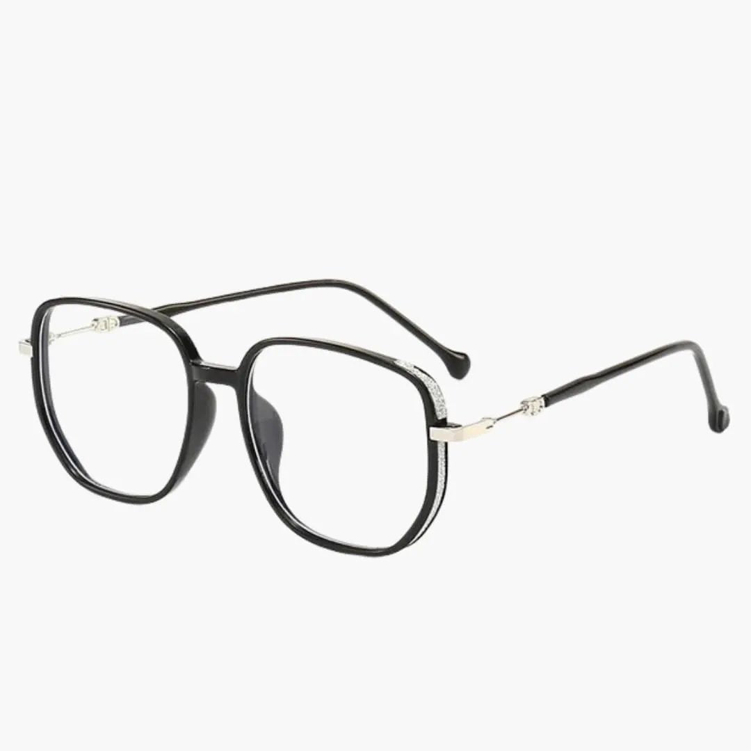 Wilfred Smith women's reading glasses, black frame with gold-tone temple accents and anti-blue light protection.