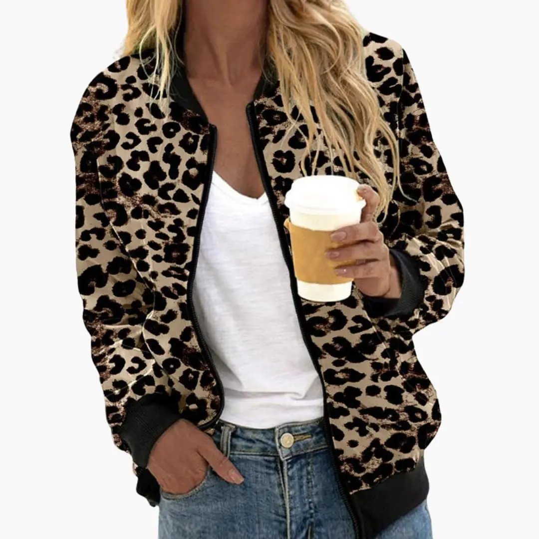 Women’s Relaxed Fit Leopard Bomber Jacket with black ribbed cuffs and zip front.