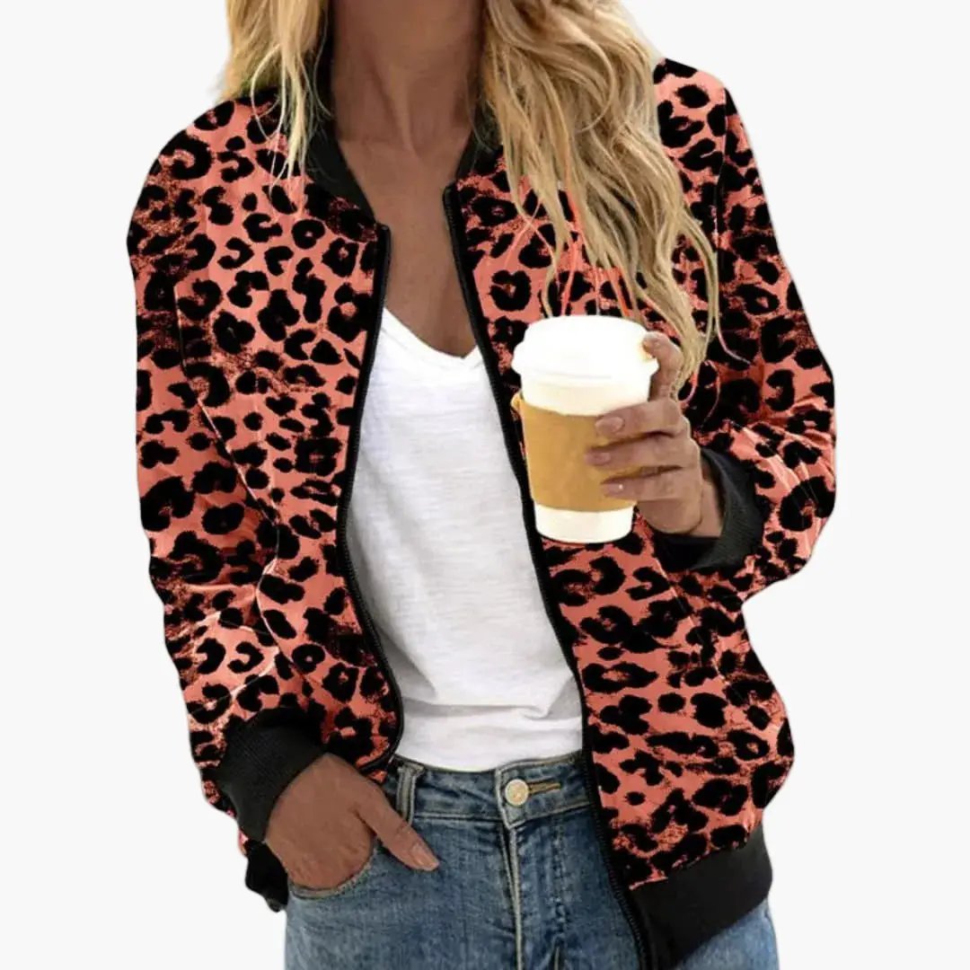 Women's Relaxed Fit Leopard Bomber Jacket in pink leopard print with black cuffs, Wilfred Smith.
