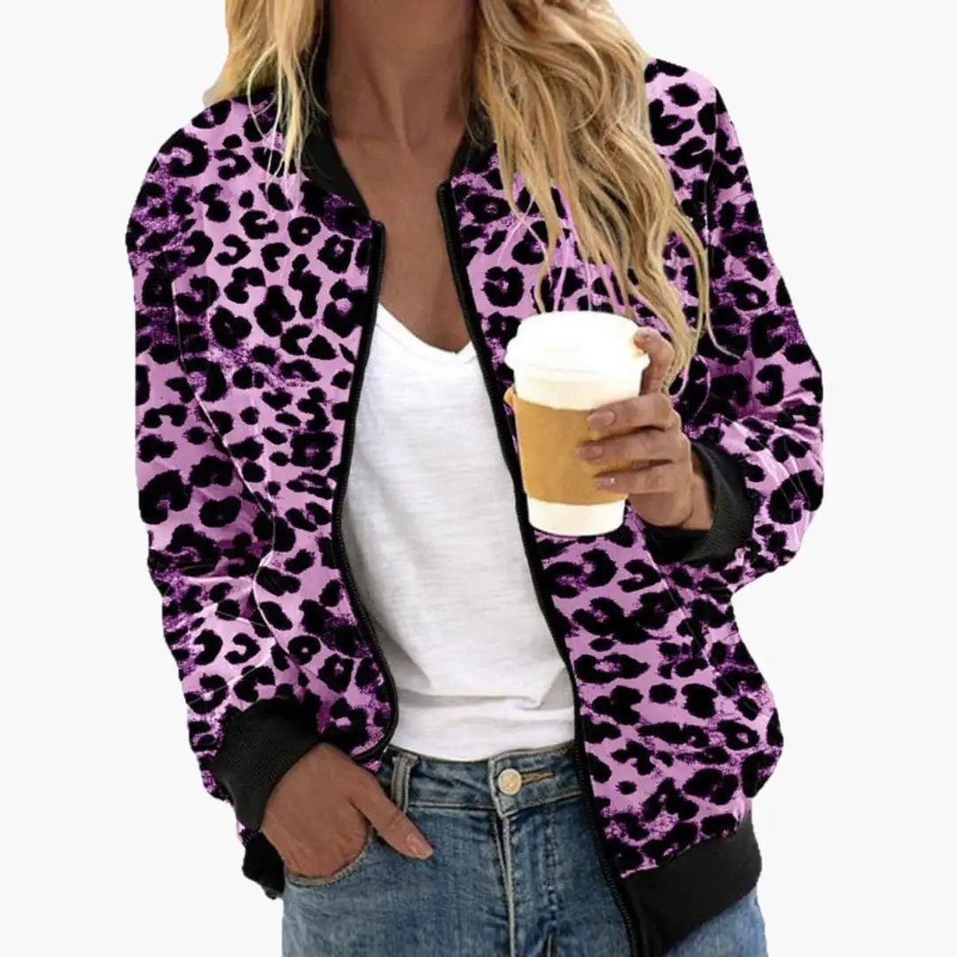 Women's Relaxed Fit Leopard Bomber Jacket in pink leopard print
