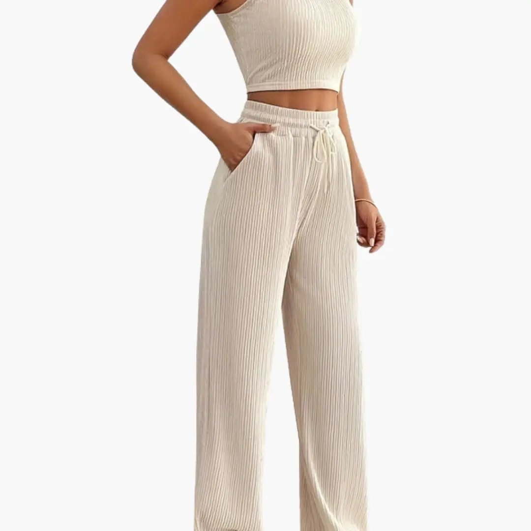Women's rib-knit set with cropped top and loose beige pants