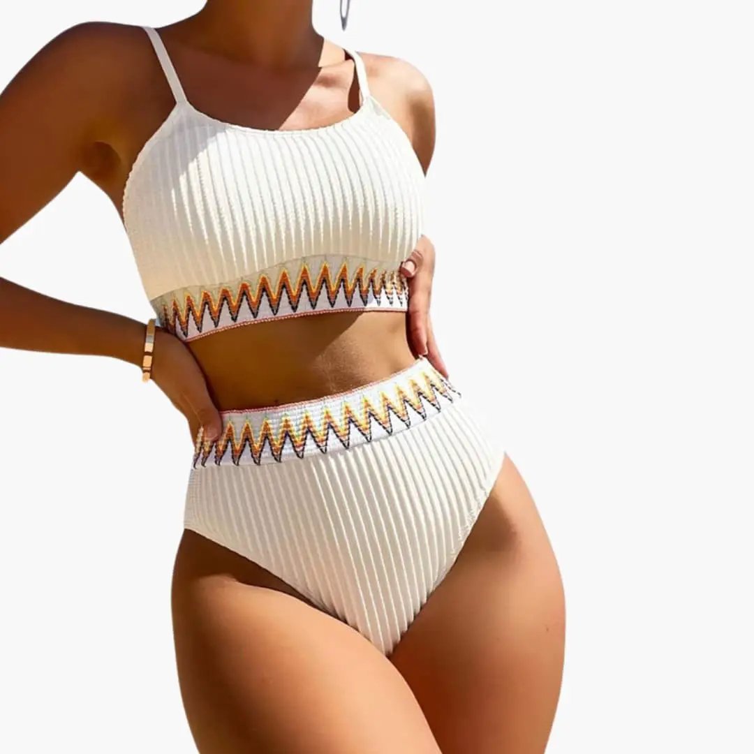 Women’s ribbed white high-waisted bikini set with padded crop top; two-piece with orange-yellow zigzag trim.