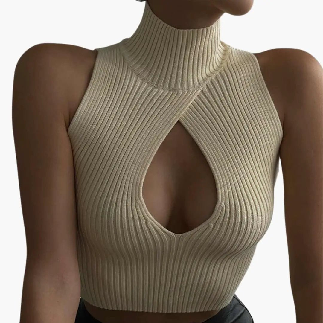 Women's beige ribbed knit sleeveless tank top with a high collar and front keyhole cutout