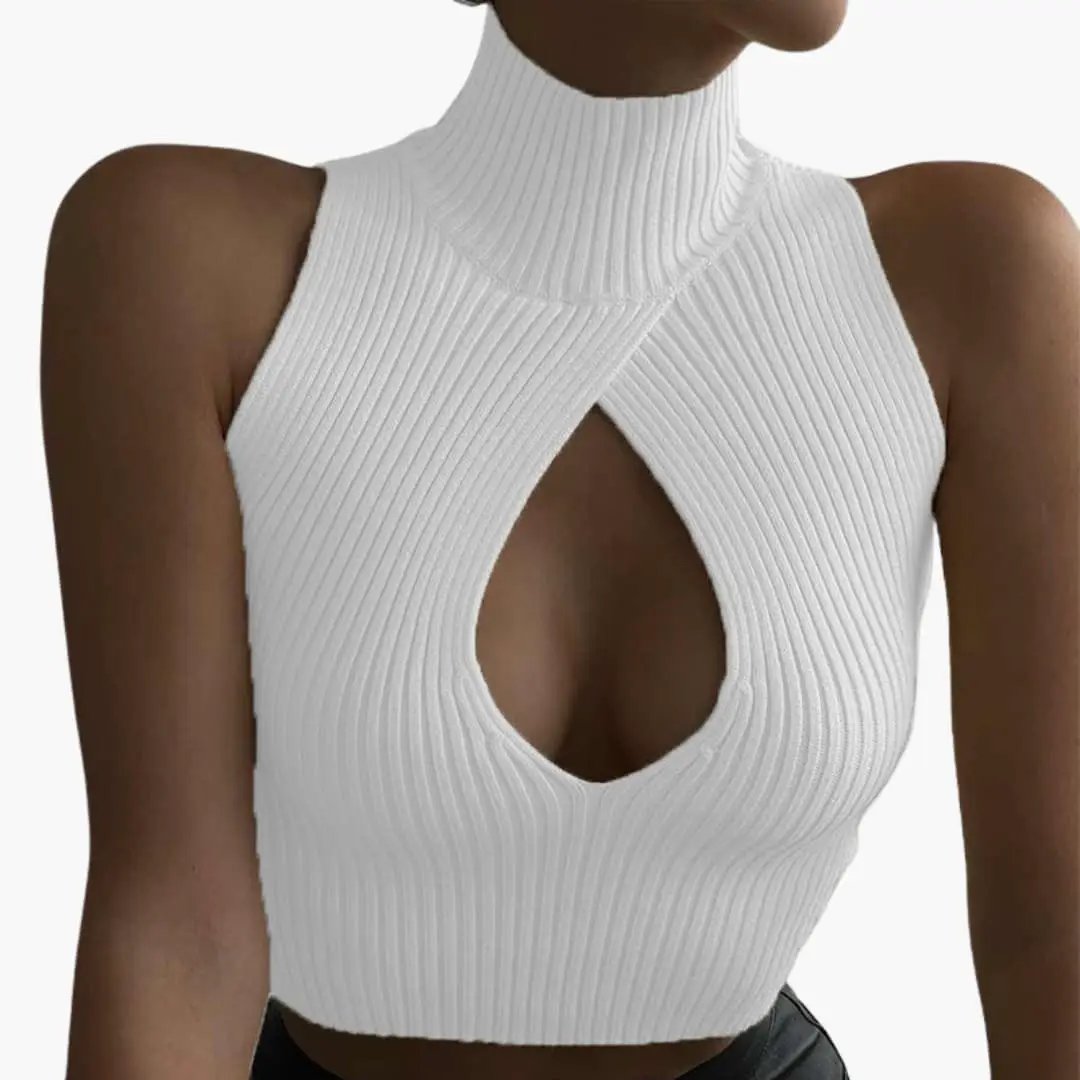 Women's ribbed sleeveless top with high collar and front keyhole twist, white knit, Wilfred Smith tank top
