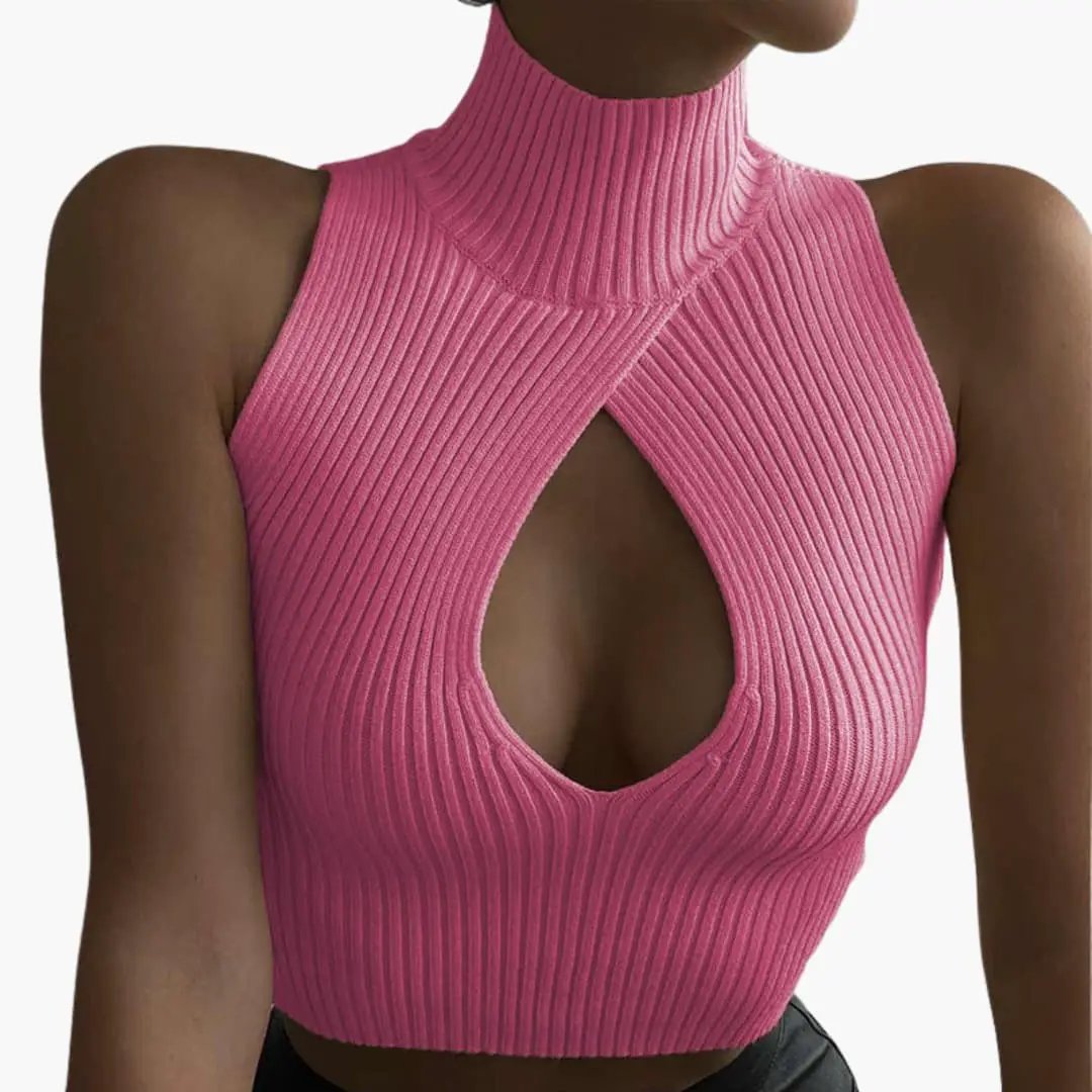 Women's pink ribbed sleeveless tank top with high collar and front cutout