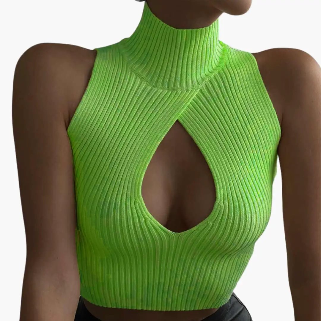 Women's lime green ribbed sleeveless top with high collar and front teardrop cutout