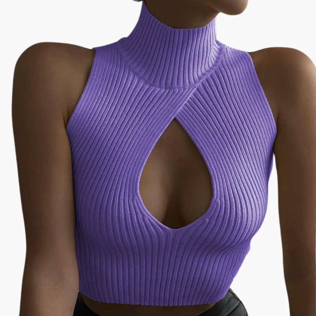 Women's ribbed sleeveless high-collar tank top in purple by Wilfred Smith with front keyhole cutout.