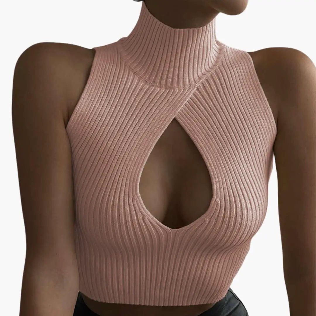 Women's ribbed sleeveless top in pink with high collar and crisscross front keyhole