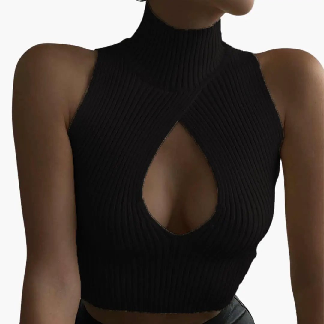 Women's ribbed sleeveless top with high collar and teardrop front keyhole, black knit tank