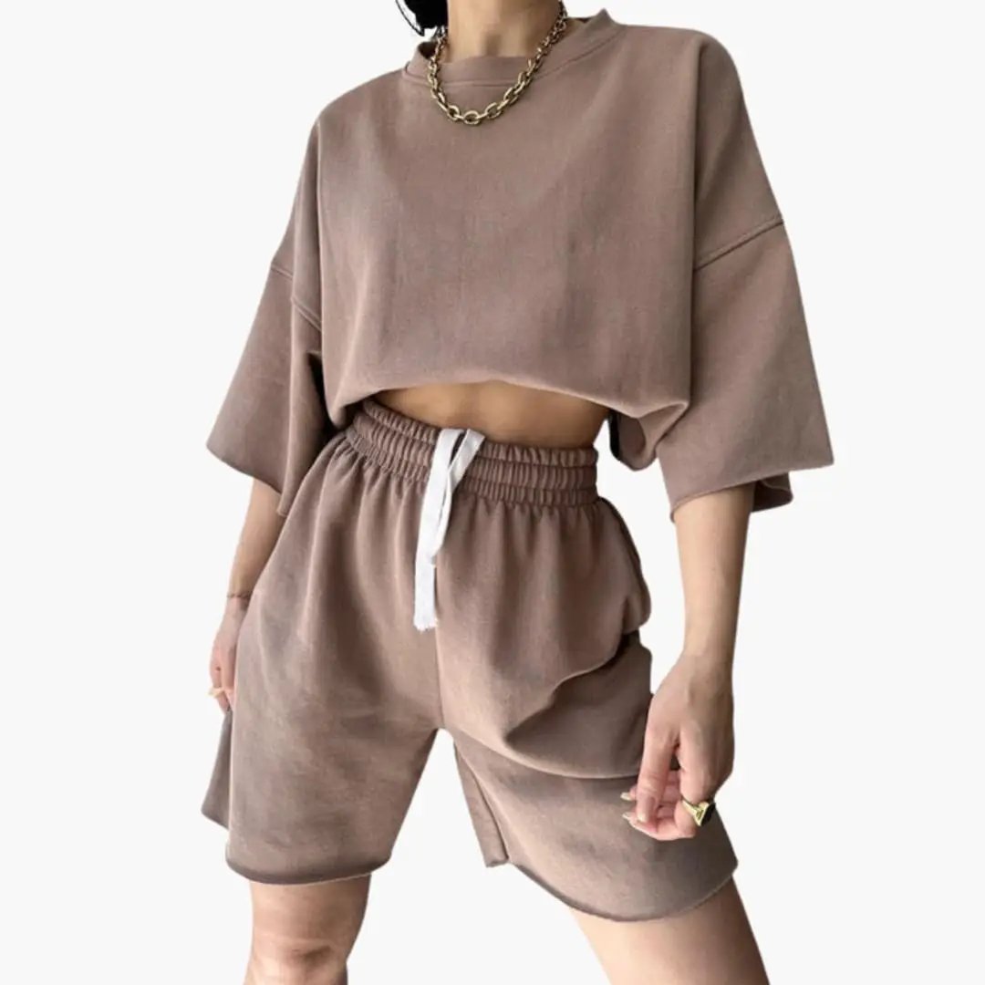 Women's Round Neck Crop Top and Drawstring Waist Shorts Two-Piece Set in taupe by Wilfred Smith