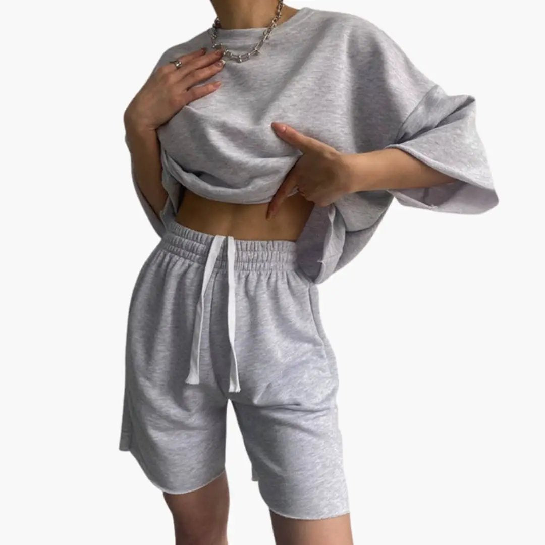 Women's Round Neck Crop Top and Drawstring Waist Shorts Two-Piece Set by Wilfred Smith, gray