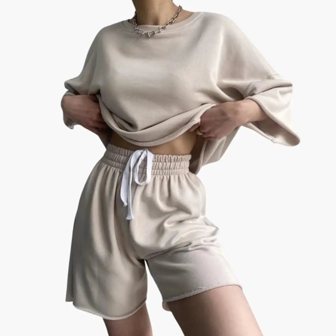 Women's beige round-neck crop top and drawstring-waist shorts two-piece outfit set