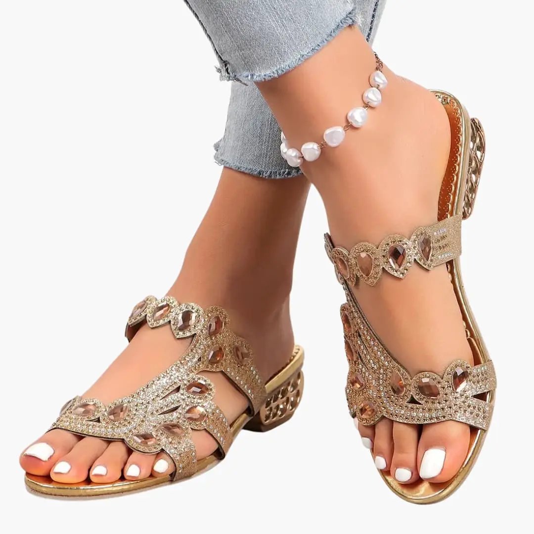 Women’s Wilfred Smith sandals with adjustable embellished gold straps and rhinestones