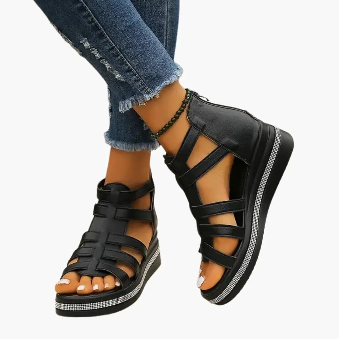 Women's sandals Wilfred Smith black platform wedge with adjustable straps and rhinestone trim