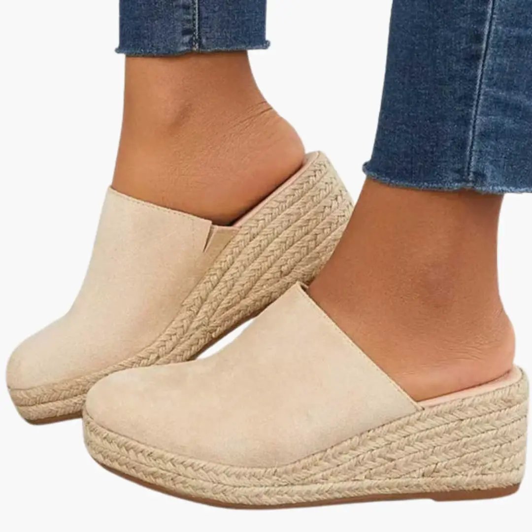 Women's beige espadrille wedge sandals with cushioned footbed and jute-wrapped platform