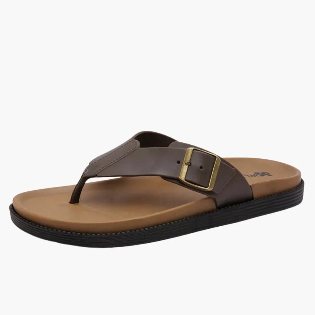 Wilfred Smith Women’s Sandals: brown leather strap thong sandal with brass buckle, cushioned insole, lightweight sole