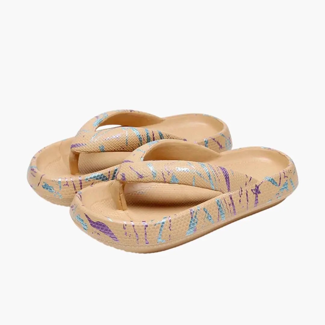 Pair of Wilfred Smith women's sandals with cushioned, contoured footbeds in beige multicolor print