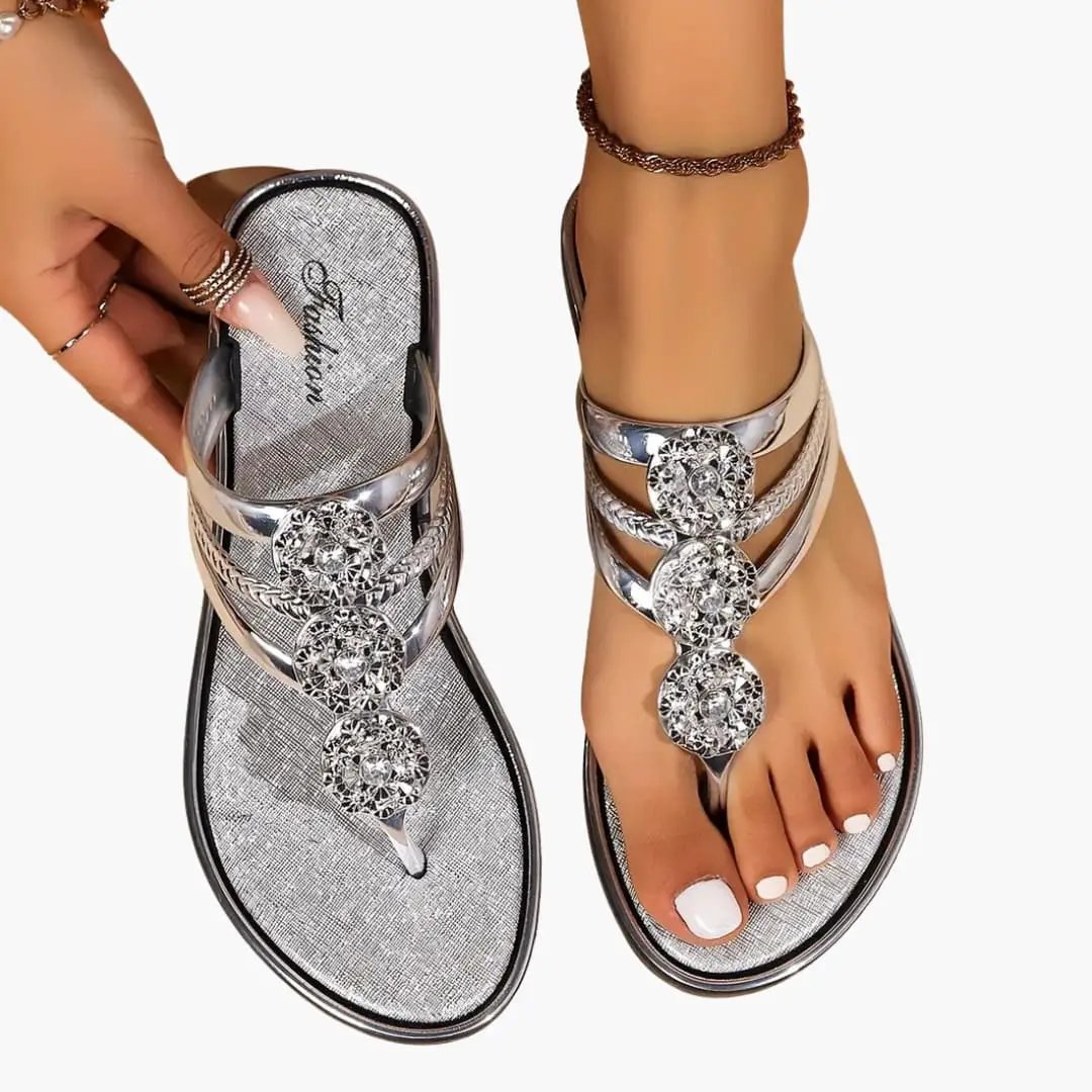 Wilfred Smith women's sandals with crystal-embellished straps, metallic silver, cushioned insole (pair)