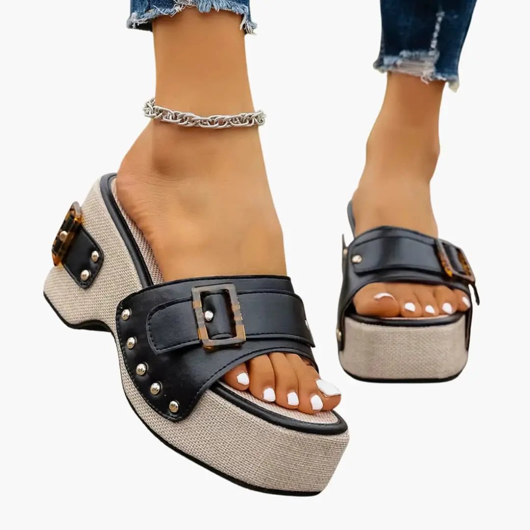 Wilfred Smith women's sandals with platform sole and cushioned insole; black leather straps, beige woven platform, pair