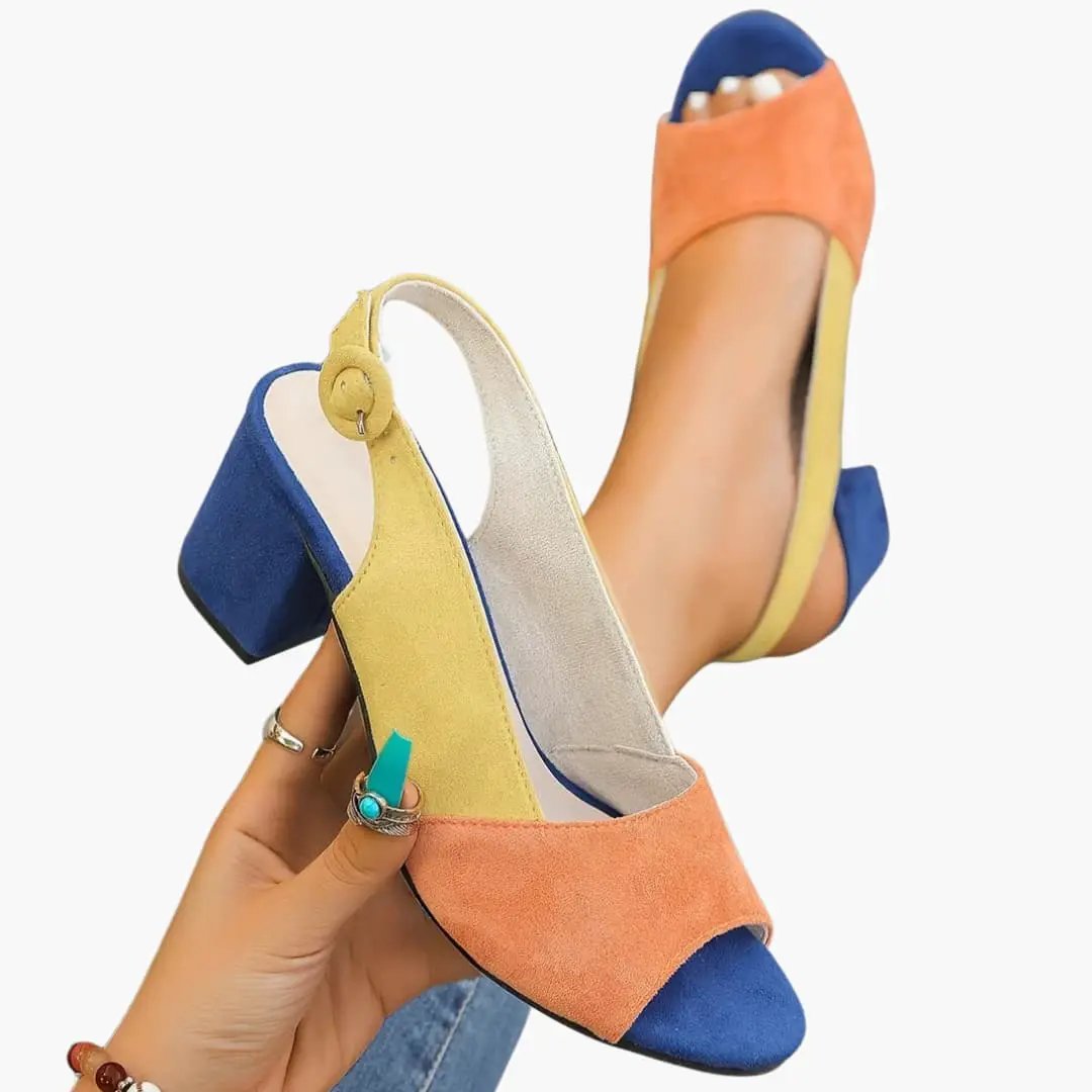 Women's color-block slingback sandals with cushioned insole; orange, yellow, and blue suede straps