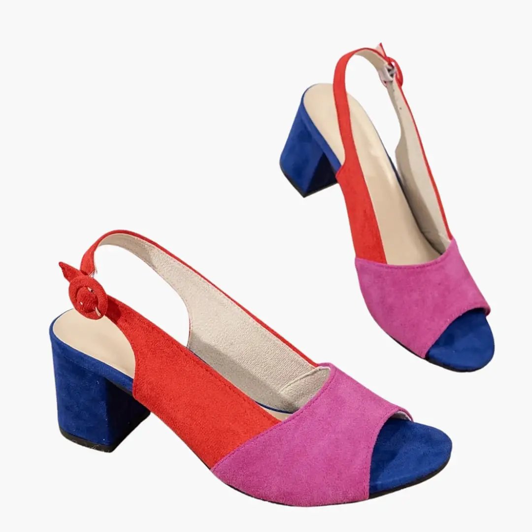 Pair of women's color-block slingback sandals with cushioned insole and blue block heel
