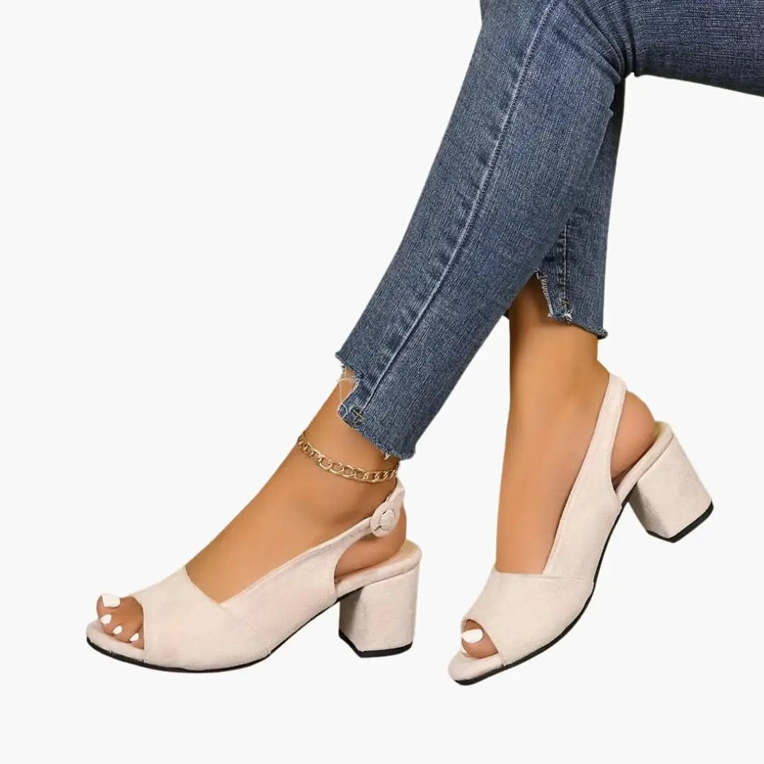 Pair of women's slingback sandals with cushioned insole; beige peep-toe, chunky block heel