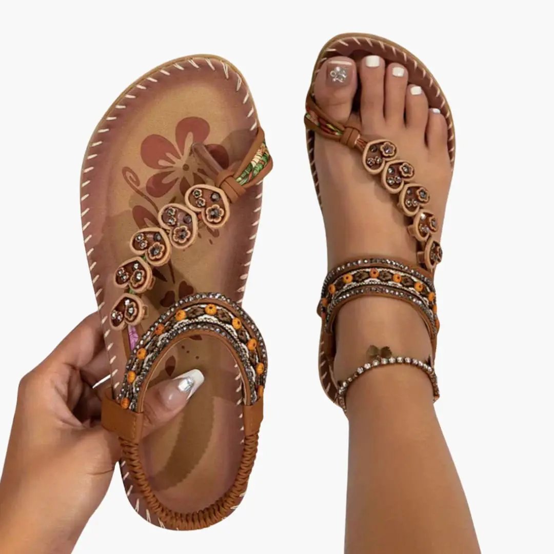 Women's sandals by Wilfred Smith; slip-on open-toe pair with tan leather and beaded floral straps