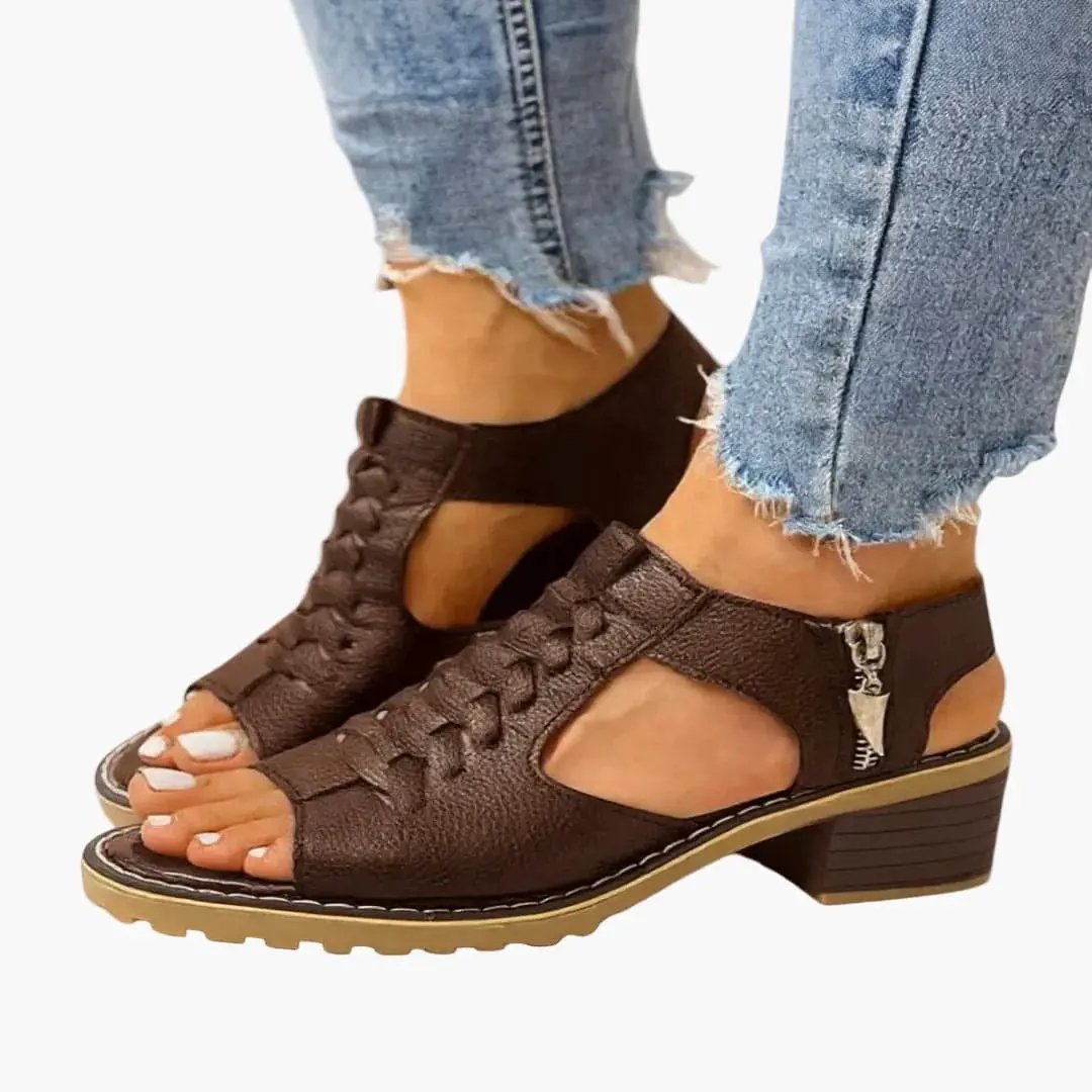 Wilfred Smith women's sandals with zip closure and block heel in brown leather, open-toe woven design.