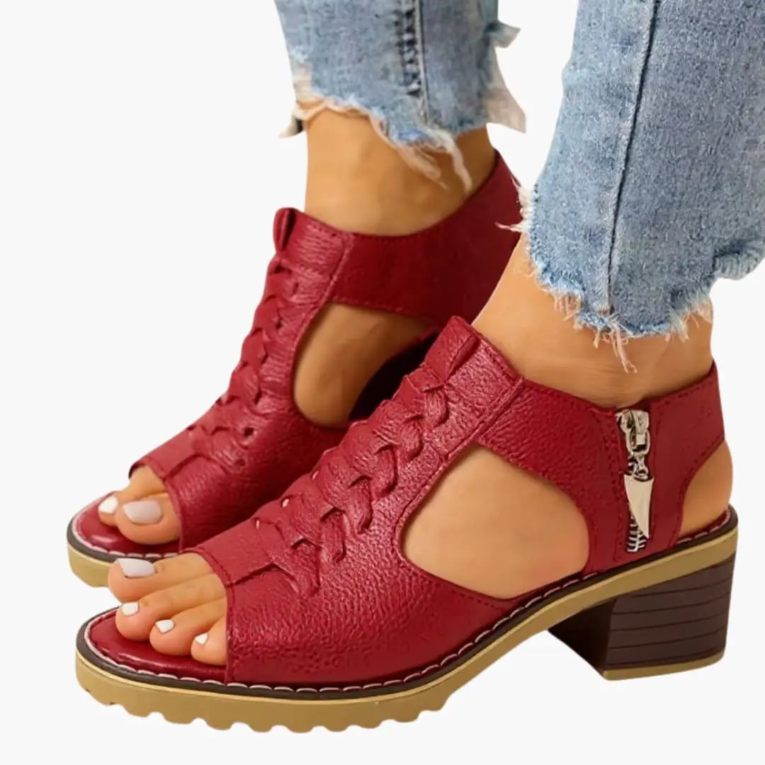 Women's red leather sandals with zip closure and block heel