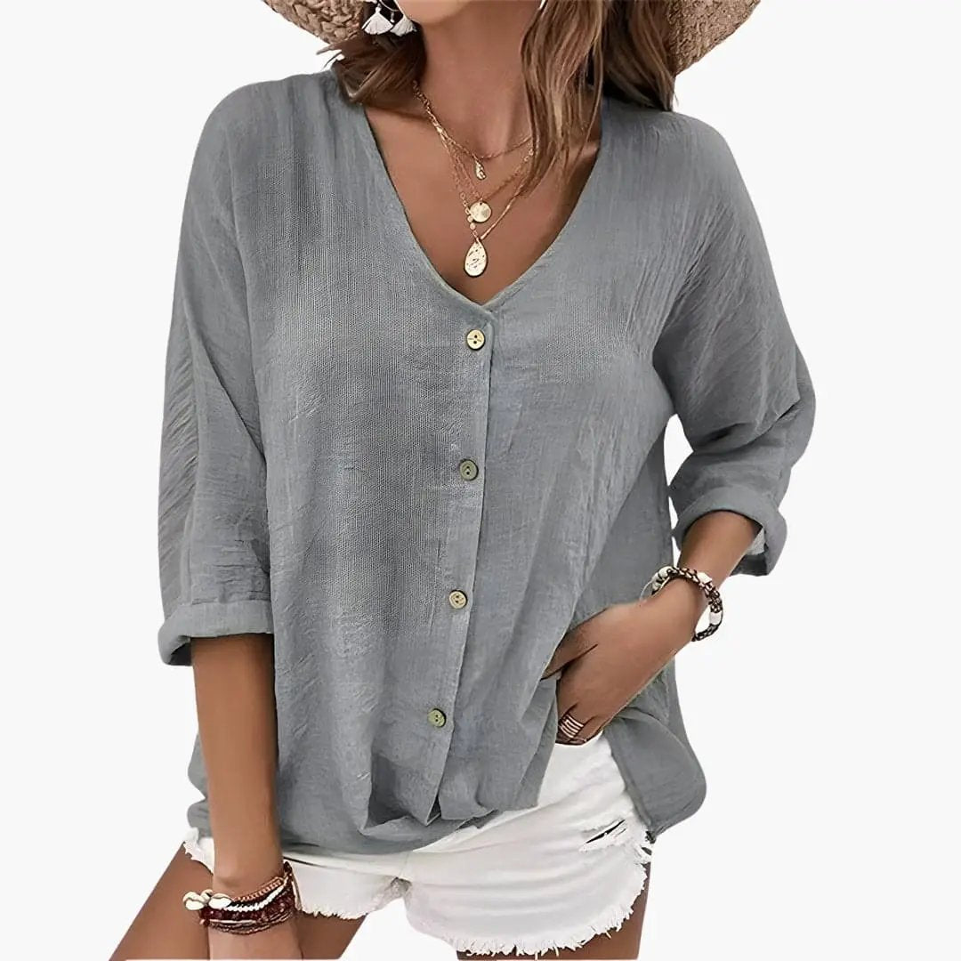 Women’s Scalloped Collar Button-Down Blouse, gray lightweight fabric, relaxed fit with rolled sleeves