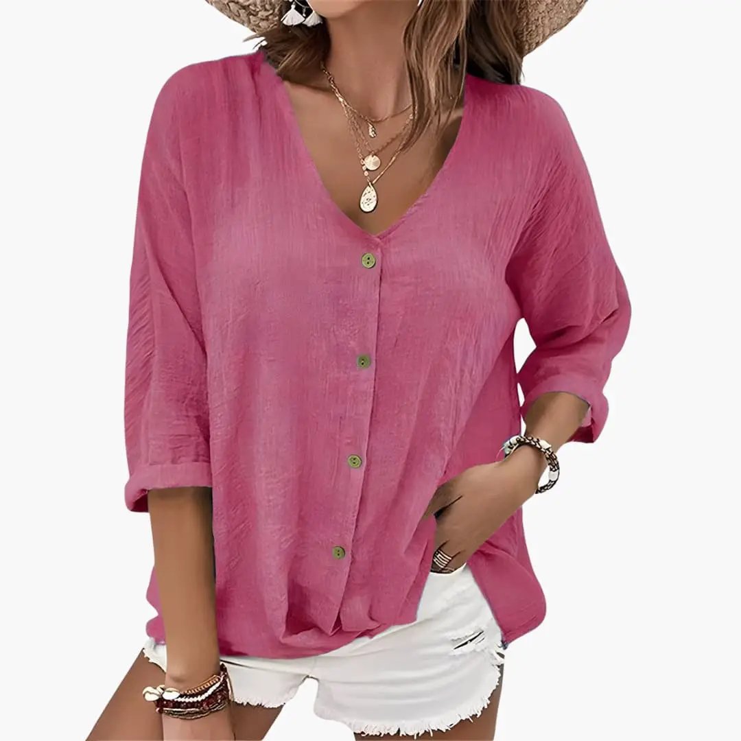 Women’s Scalloped Collar Button-Down Blouse in pink with green front buttons, lightweight fabric