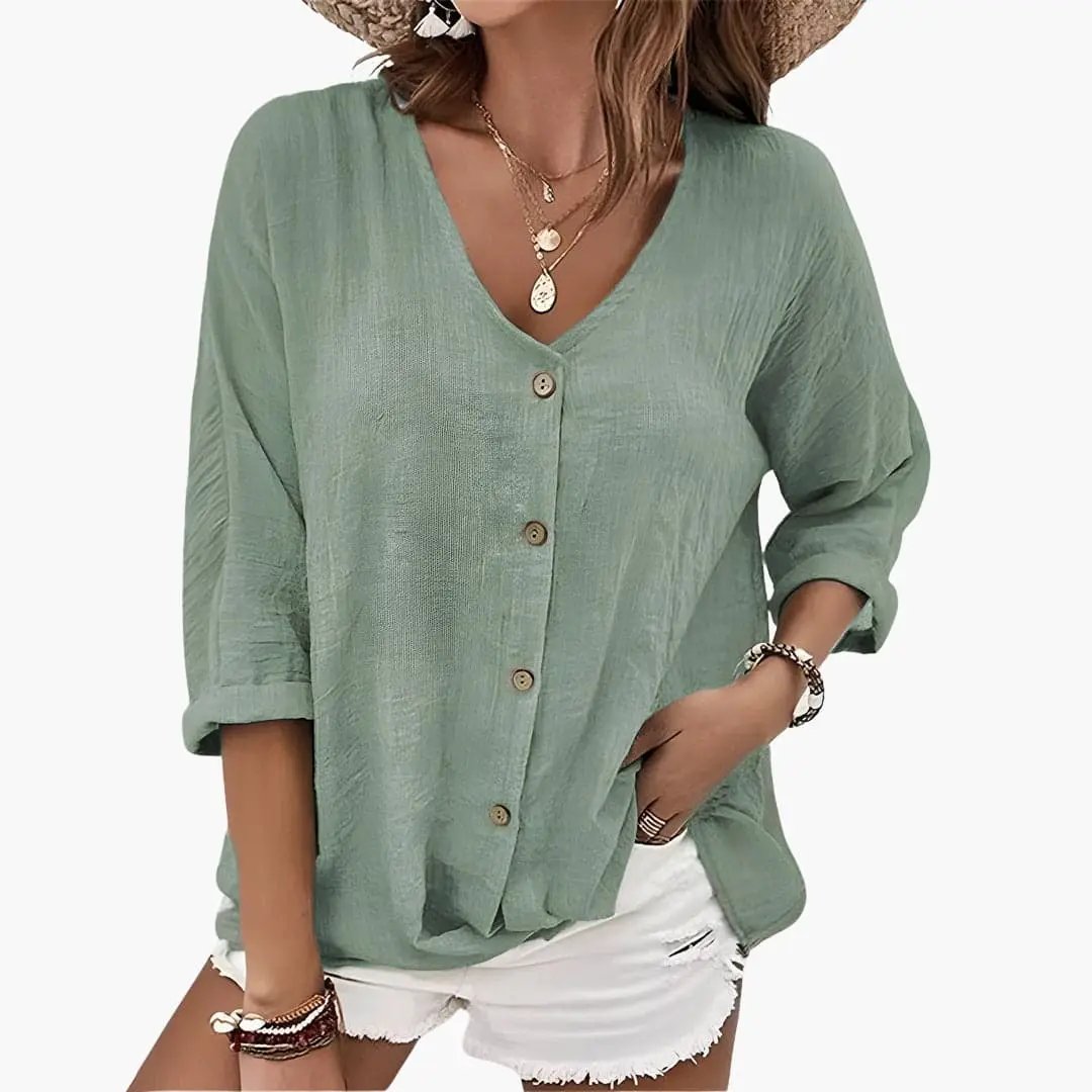 Women’s Scalloped Collar Button-Down Blouse by Wilfred Smith, sage green, lightweight with rolled sleeves