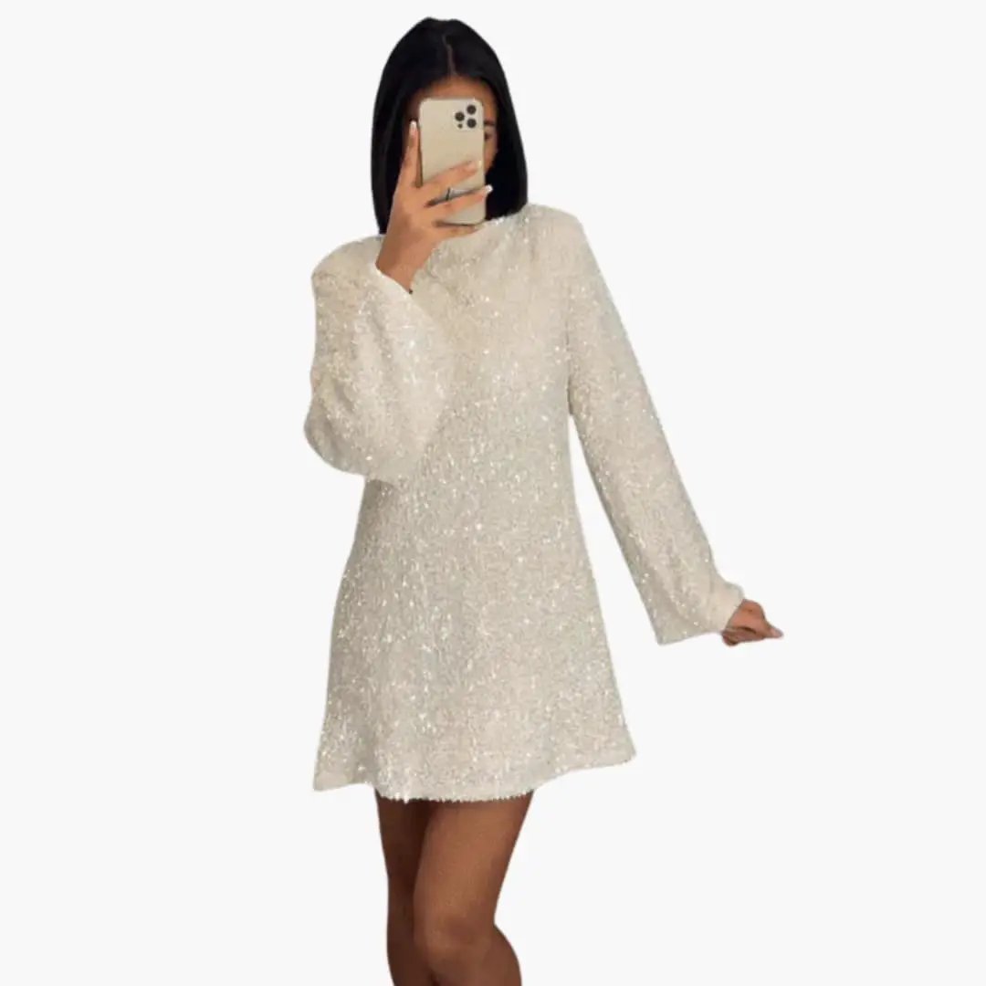 Women’s Sequin Mini Dress with Back Bow Detail in ivory with long sleeves