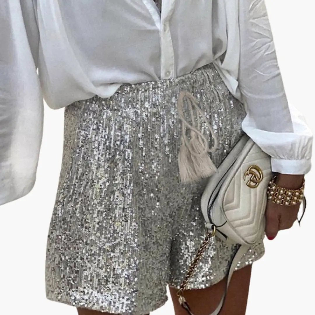 Women's Sequin Shorts with Elastic Waist and Drawstring in silver satin by Wilfred Smith