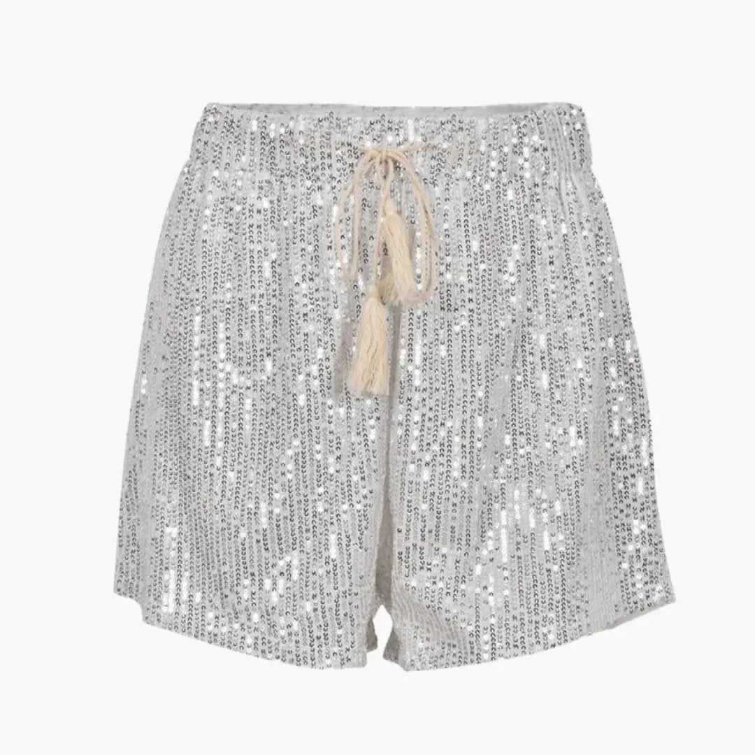 Women's satin sequin shorts by Wilfred Smith with elastic waist and drawstring in silver