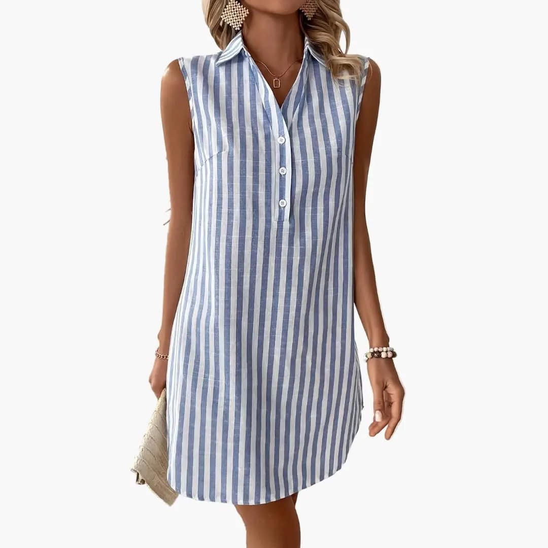 Women's blue and white striped sleeveless shirt dress with collar and button-front closure knee-length.