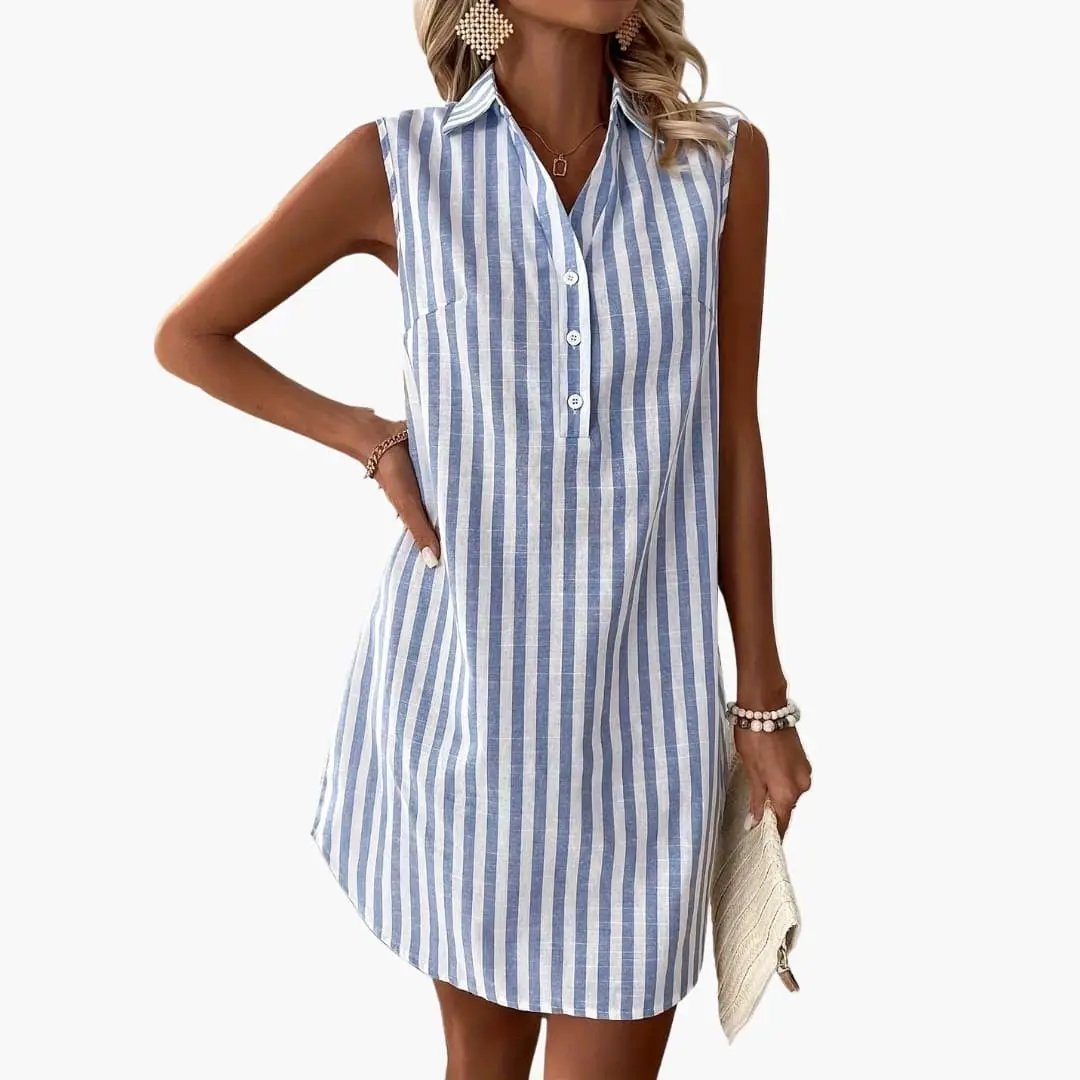 Shirt dress in blue-and-white vertical stripes, sleeveless knee-length with button placket.