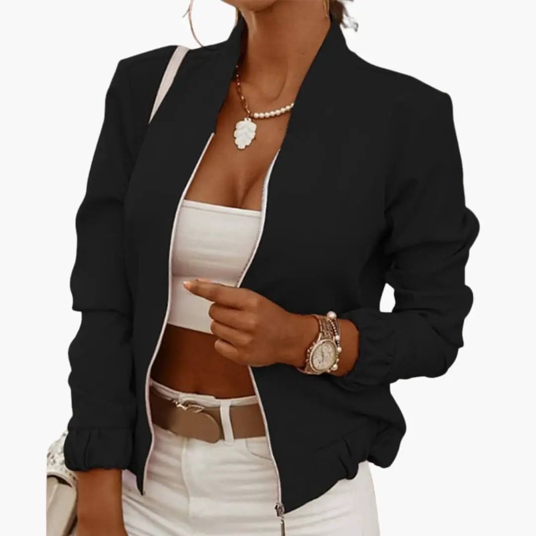 Women’s short bomber jacket by Wilfred Smith, black with front zip and side pockets