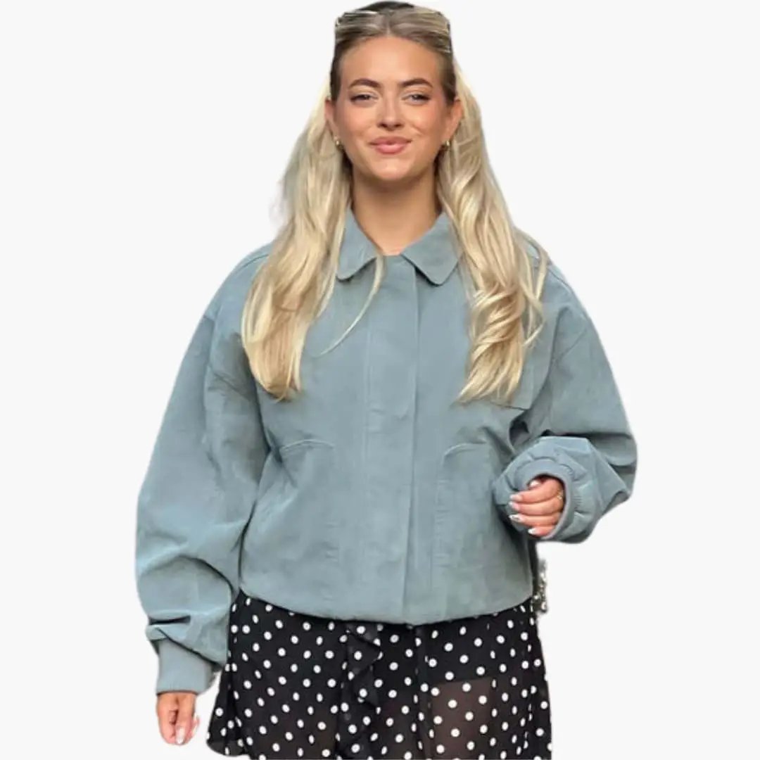 Women’s Short Bomber Jacket in light blue-gray with zip front and side pockets