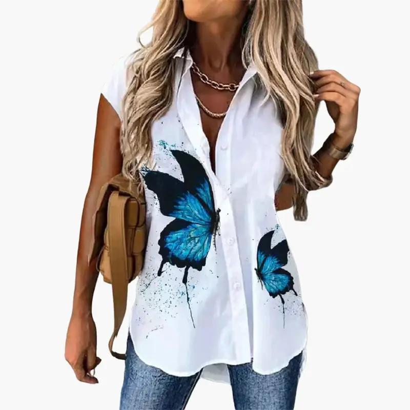 Women’s Short Sleeve Butterfly Print Blouse, white with blue butterflies, button-down front