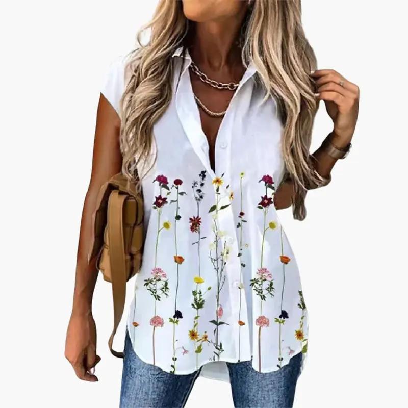 Women's short-sleeve butterfly-print blouse with round neck in white