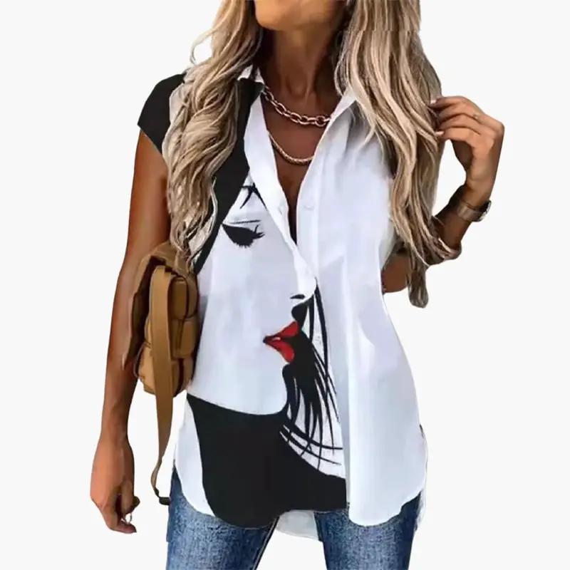 Women’s Blouse with butterfly print, white, short sleeves, round neck.