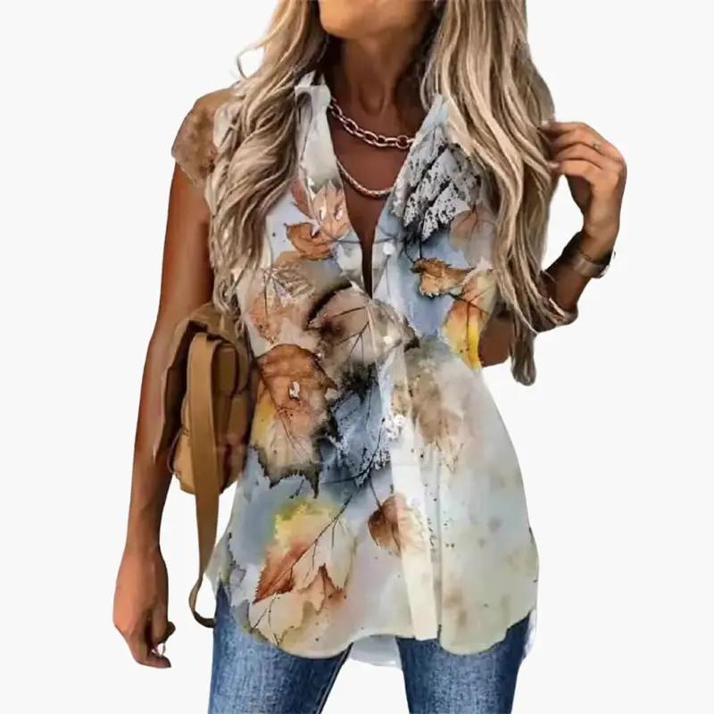Women’s short sleeve butterfly-print blouse with round neck in watercolor tones by Wilfred Smith
