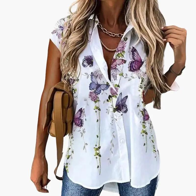 Women’s short-sleeve butterfly-print blouse in white with round neck