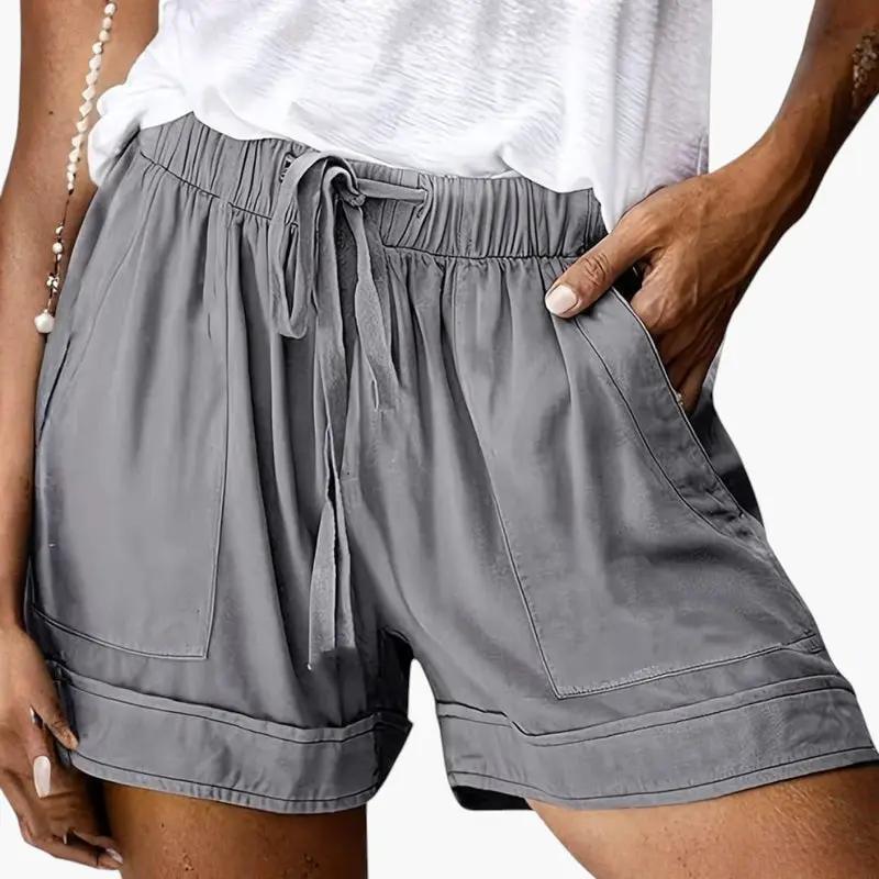 Women's gray satin jogger shorts by Wilfred Smith with drawstring waistband and pockets