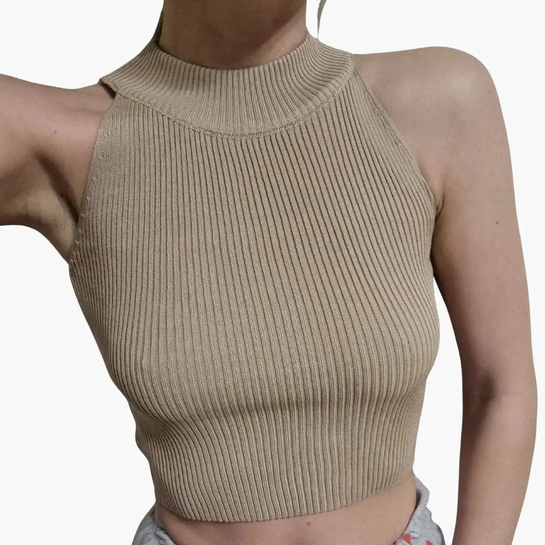 Women's sleeveless ribbed high-neck crop top in beige by Wilfred Smith.